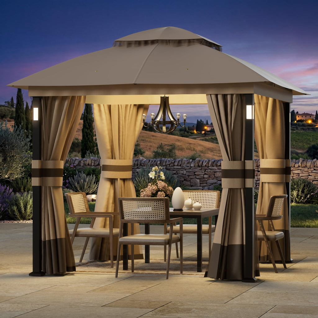 Khaki 8'x8' Outdoor Gazebo with LED Lights and Netting S972153