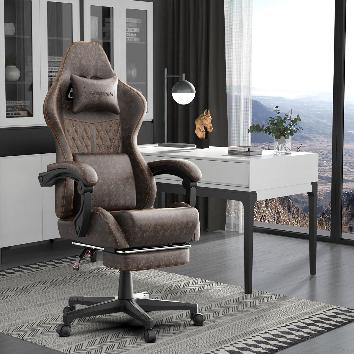 Brown PU Leather Ergonomic Reclining Gaming Chair with Massage Lumbar Support and Footrest V85309