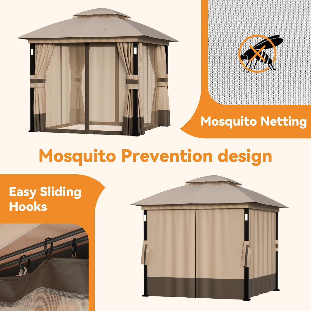 Khaki 8'x8' Outdoor Gazebo with LED Lights and Netting S972153