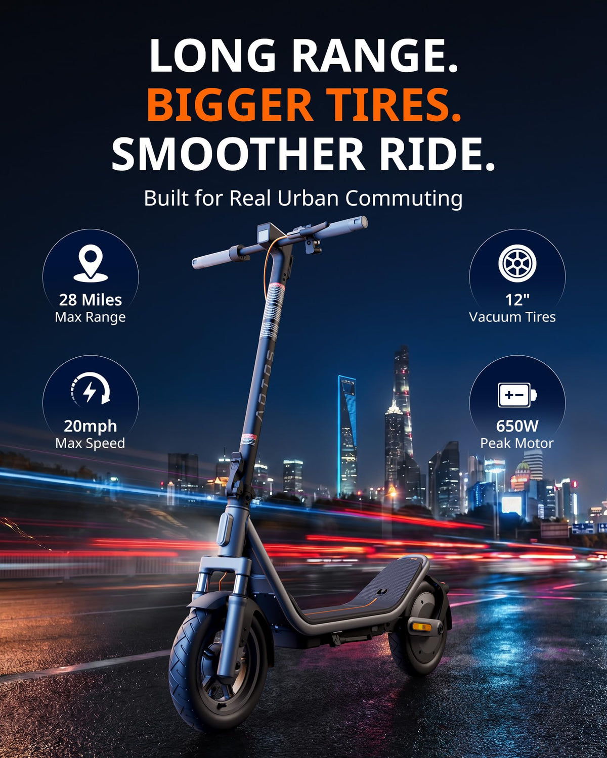 Electric Scooter for Adults, 20 MPH, 750W Peak Motor, 12" Tubeless Tires, Foldable Q875