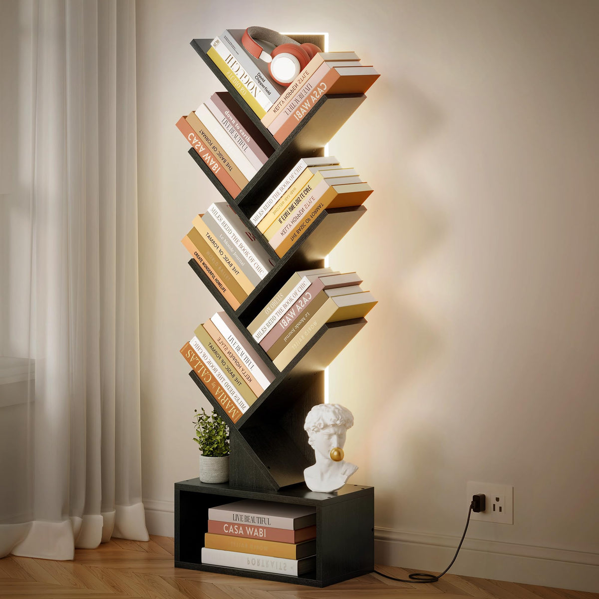 6 Tier Tree Bookshelf with Drawer and LED Lights B62635