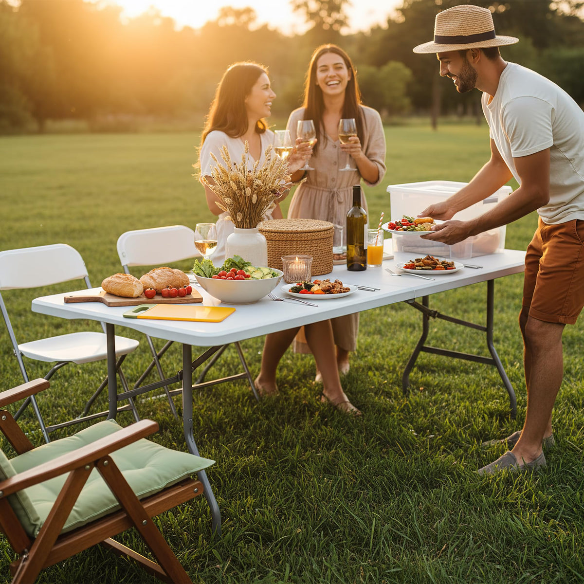 White Plastic Folding Table with Carry Handle Y3742