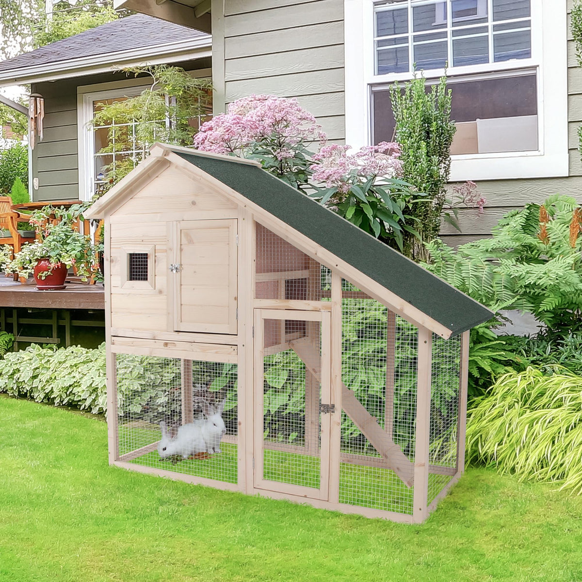 55" 2-Tier Wooden Rabbit Hutch with Ramp E82169