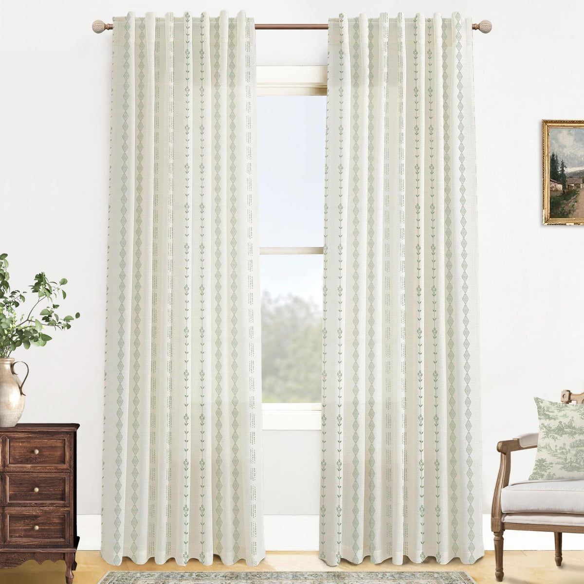 Green Striped Sheer Curtains 96 Inches Long Q847