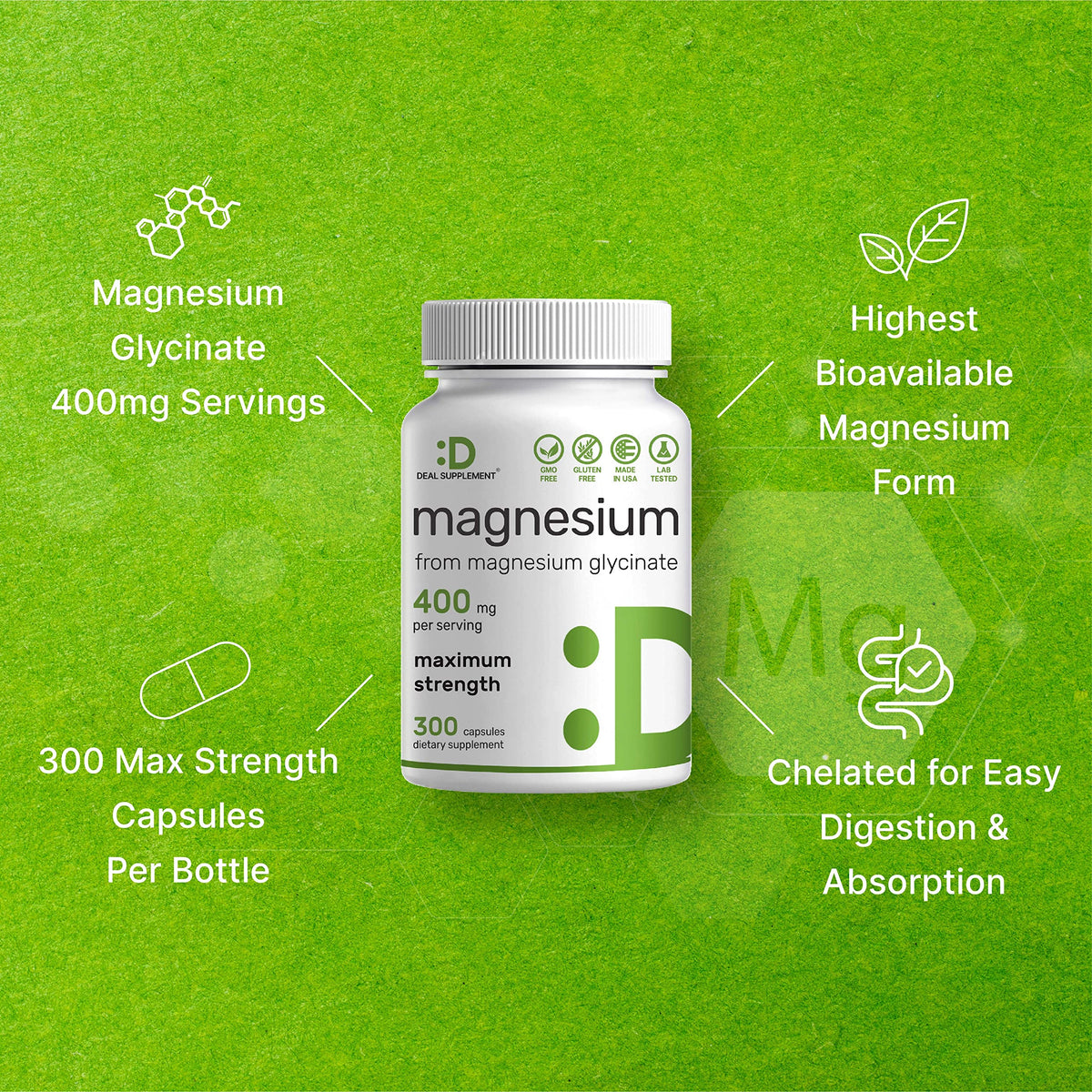 Magnesium Glycinate 400mg, 300 Capsules B3952