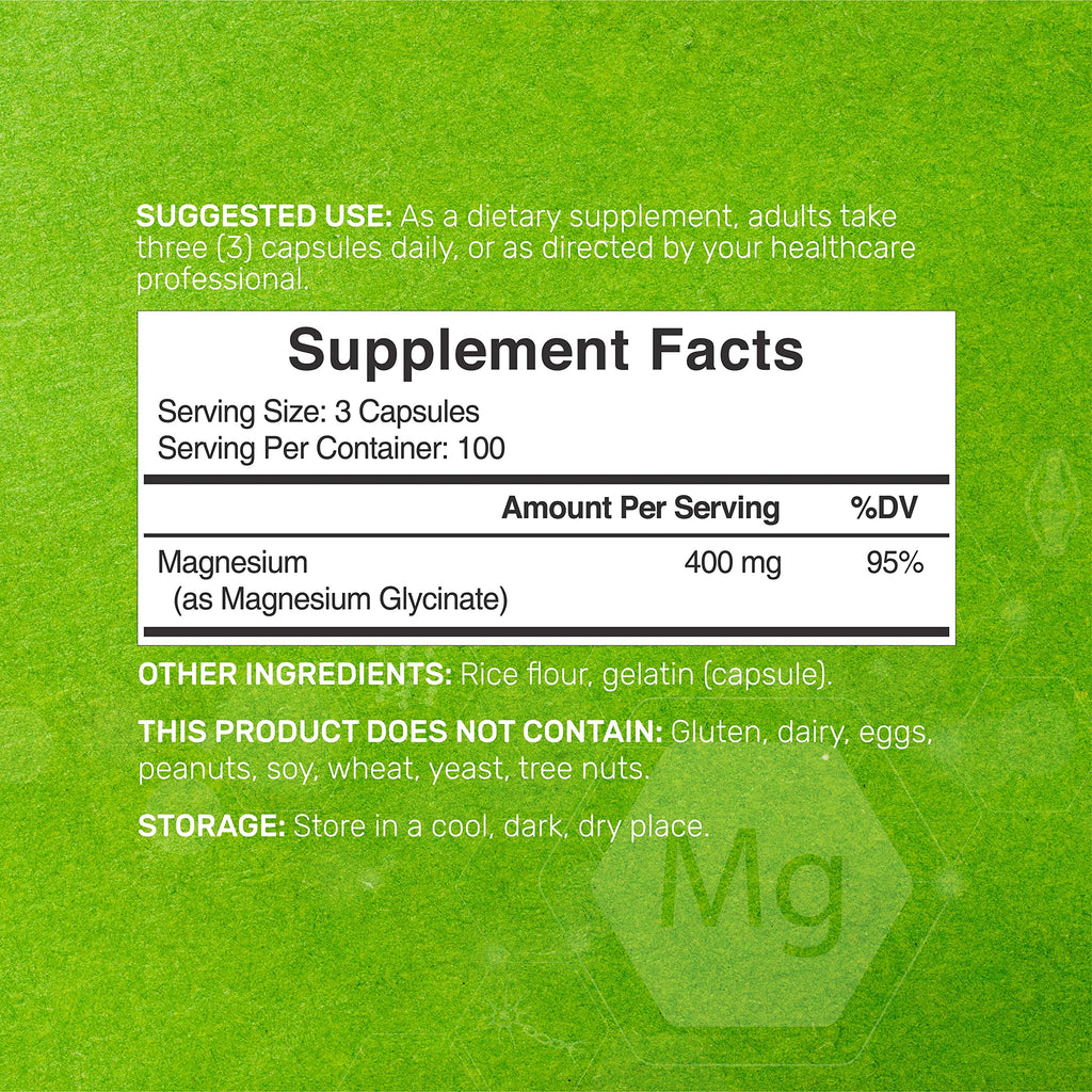 Magnesium Glycinate 400mg, 300 Capsules B3952